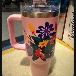 Floral Pink Tumbler with Handle